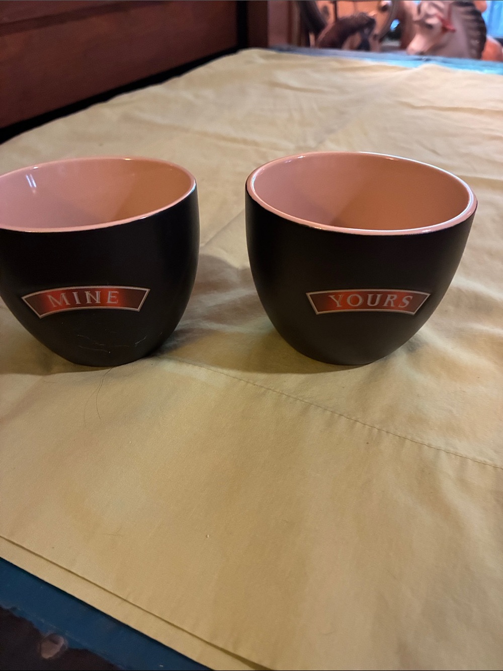 Set of Two 'Mine' and 'Yours' Ceramic Mugs — Black Exterior with Pink Interior